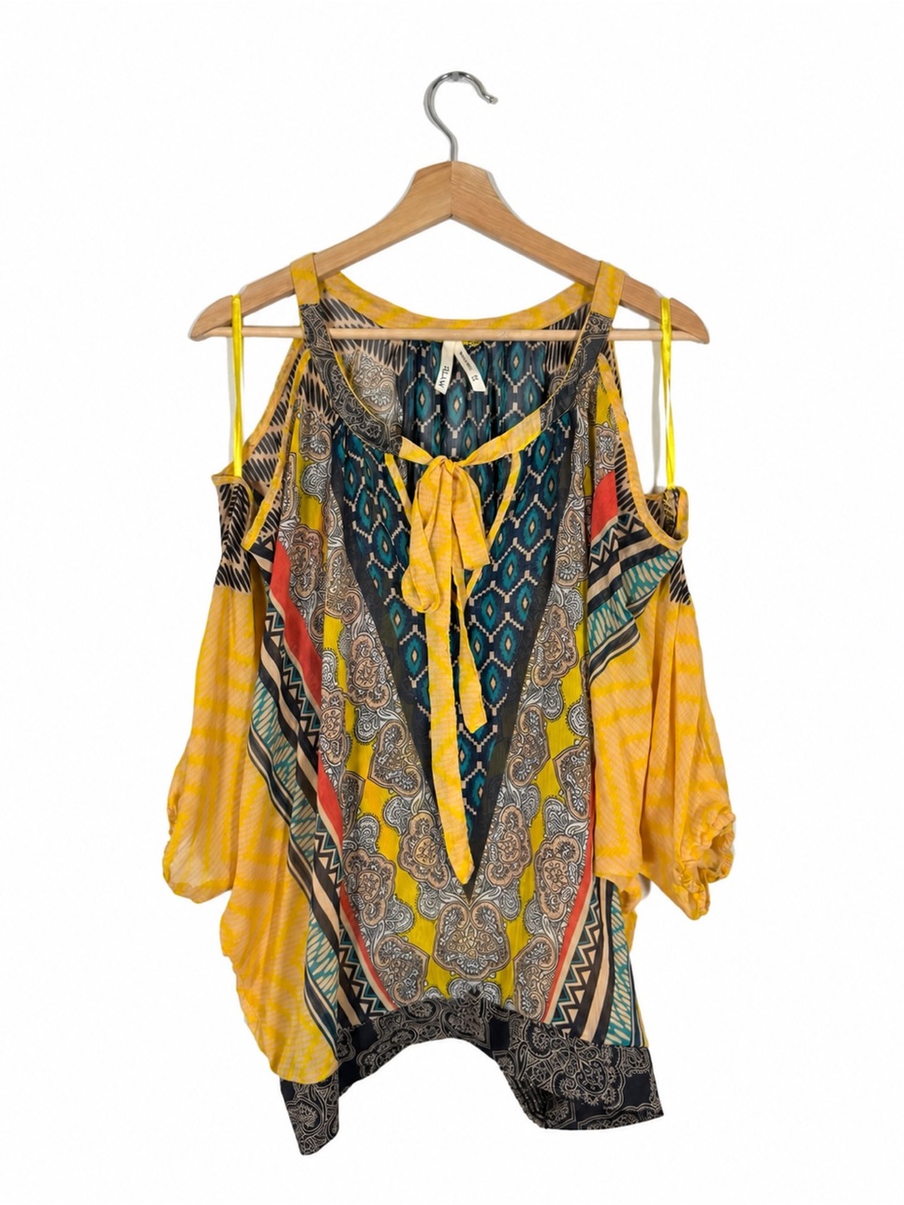 Myth Cold Shoulder Paisley Top Tunic Size 2X Yellow Boho Festival Neck Bow